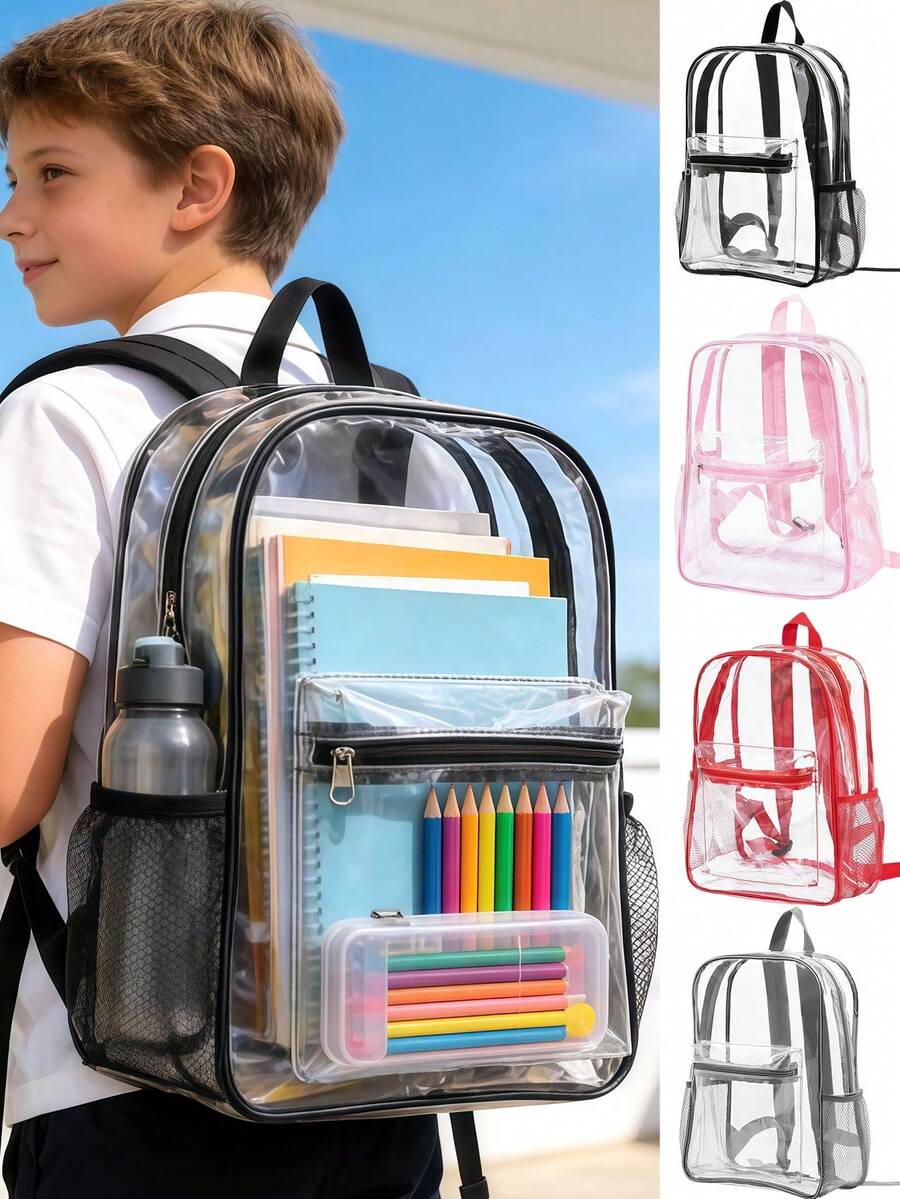 1pc Transparent Backpack, Large Capacity PVC Travel Bag With Padded Shoulder Straps And Side Pockets, Suitable For Teens, Boys, Girls, School, Sports Events And Other Approved Activities - 1PCS - View 1