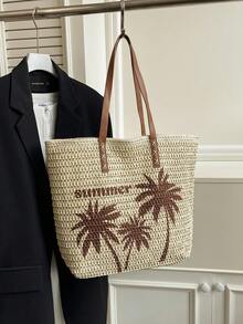 Summer Straw Tote Bag, Coconut Tree Pattern Women's Shoulder Handbag, Zipper Closure, Suitable For Beach & Holiday - Beige - View 9