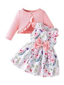 Toddler Baby Girl Sleeveless Dresses And Long Sleeve Ruffle Cardigan 2 Piece Fall Outfits 6-24 Months 1-3 Years - 粉色 - 查看 1