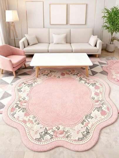 1件装ins风浪漫粉色花卉卧室装饰地毯，韩式甜美花卉纹理客厅毛绒地毯，欧式复古艺术设计不对称花瓣边阳台梳妆台可水洗地毯，装饰地毯，卧室装饰，小地毯，地毯，家居装饰，客厅地毯，客厅小地毯，卧室地毯，客厅家居装饰，户外地毯，可水洗地毯