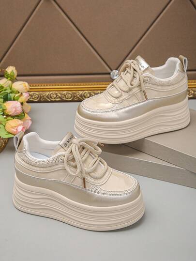 Women's Platform Sneakers, Solid Color Casual Outdoor Sports Lace-Up Rhinestone Fashion Versatile Wedge Shoes
