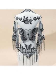 29.5inch * 55.1inch Triangle Scarf, Butterfly Flower Embroidered Lace Tassel Shawl, Elegant Breathable Windproof Outdoor Accessories - 黑色 - 查看 3