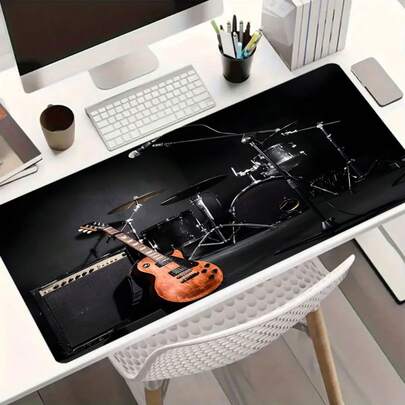 1pc Rock Music Large Gaming Mouse Pad, Guitar Drum Extended Desk Mat,Office Desk Accessories Non-Slip Stitched Edge Computer Mat ,Rubber Base Laptop Keyboard Pad For Home Office & Gamer,Durable And Spill-Resistant