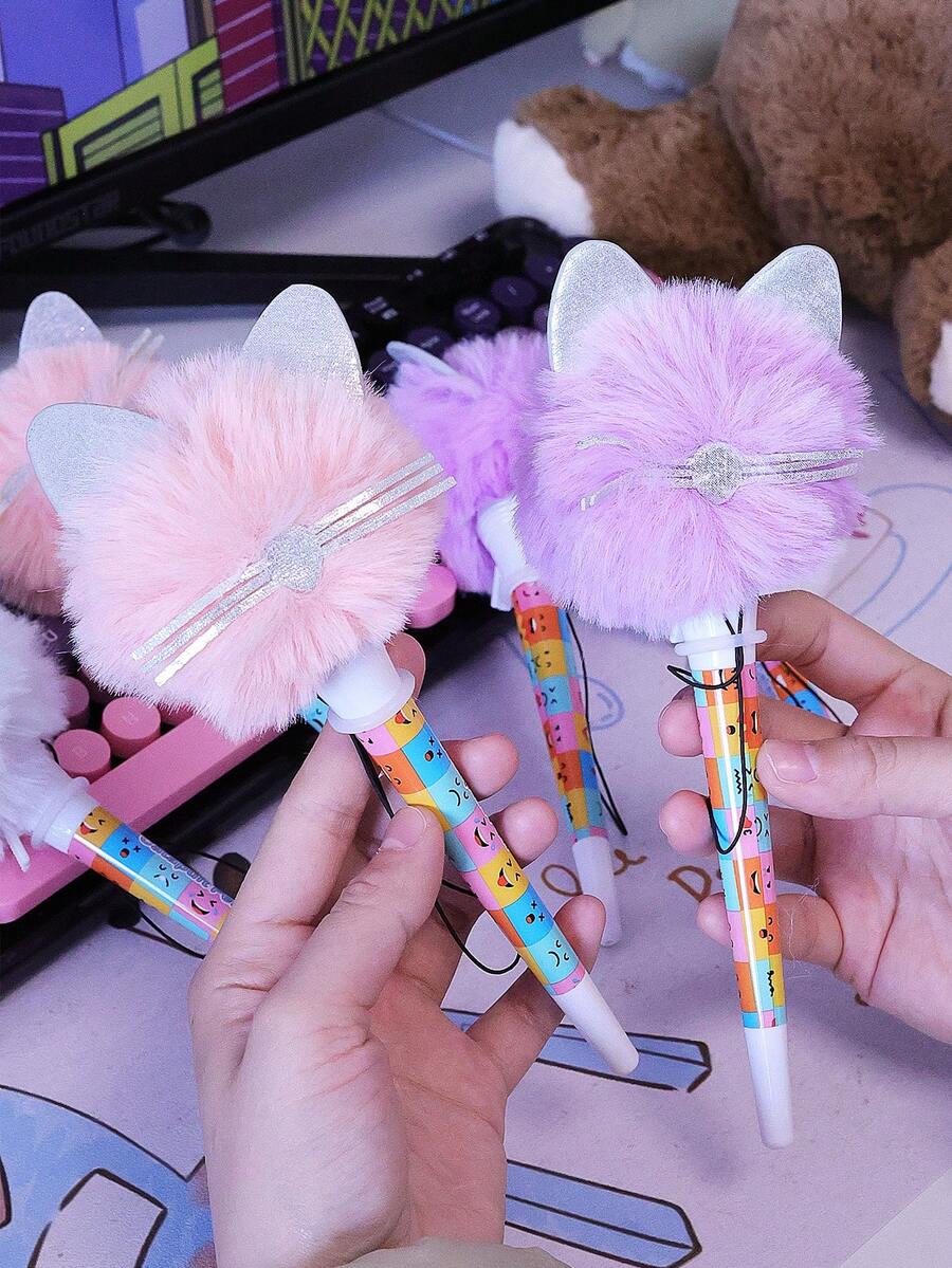 1支/2支装可爱猫耳毛绒圆珠笔，毛绒文具，日记写作和返校必备