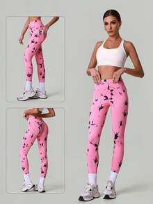 Women Wide Waistband Fashion Tie-Dye Print Fitness Yoga Leggings High-Waisted Tummy Control Running Sports Pants Athletic Training Active Tights - Hot Pink - View 5