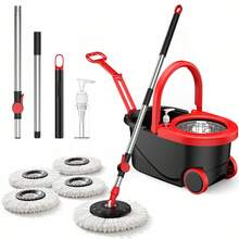 Multi-Colored Spin Mop And Bucket Set With Wringer, Made Ofstainless Steel, 360° Rotating Mop Bucket With Wheels, 3 Or 4microfiber Mop Heads, 38-61 Inch Telescopic Pole, Adjustablehook, Standard Or Upgraded Wheeled Mop Bucket Setavailable. - TB-3 - 查看 1