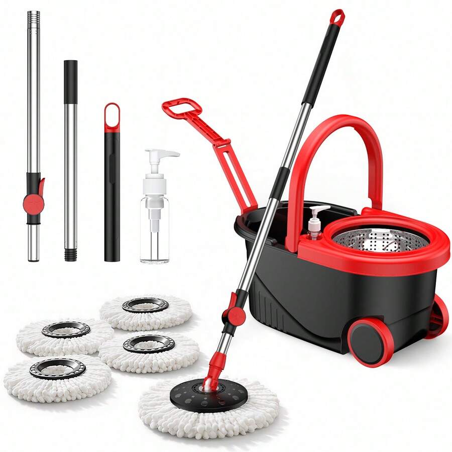 Multi-Colored Spin Mop And Bucket Set With Wringer, Made Ofstainless Steel, 360° Rotating Mop Bucket With Wheels, 3 Or 4microfiber Mop Heads, 38-61 Inch Telescopic Pole, Adjustablehook, Standard Or Upgraded Wheeled Mop Bucket Setavailable. - TB-3 - 查看 1