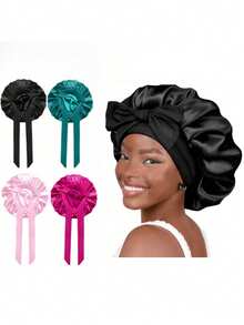 1/2/4 Pieces Of Women's Polyester Large Nightcap, Solid Color Imitation Silk Nightcap, With Adjustable Hair Care Cap With Inner Seam Strap - F - View 6
