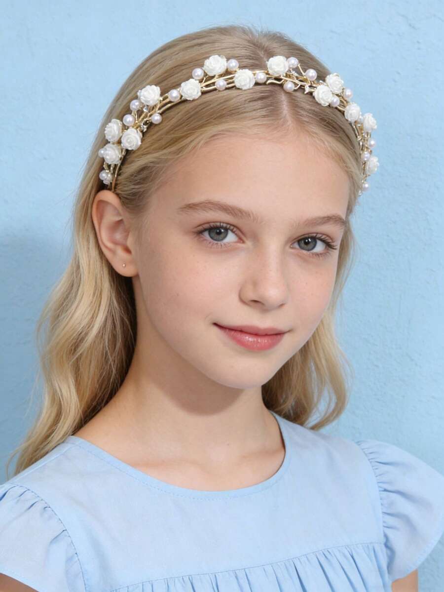 Elegant Colorful Hollow Flower Headband, Ethereal New Bride Pearl Hair Hoop, Versatile Accessory - Multicolor - View 1