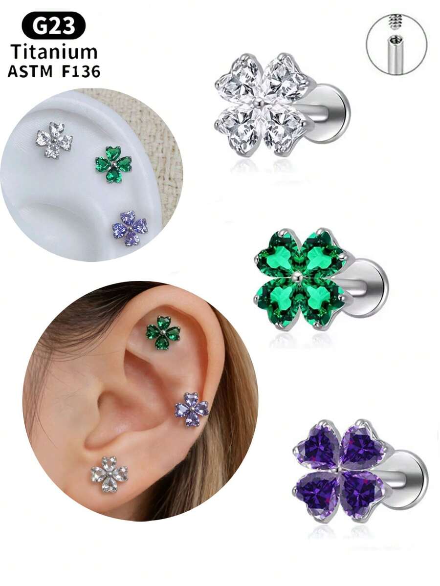 1PC ASTM F136 Titanium Internally Threaded Flat Back Earrings Heart CZ Four Petal Flower Cubic Zirconia Studs, G23 Titanium Tragus Cartilage Conch Helix Nose Labret Lip Piercing Jewelry For Sensitive Ears Women Men - 1Pc-titanium - View 1