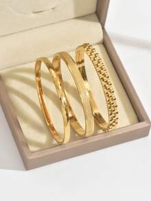 3pcs Set Stainless Steel Clover Cubic Zirconia Bangle Bracelet, Minimalist Sparkling Bracelets Suitable For Daily Wear, Fashion Jewelry Mix And Match - Yellow Gold - View 5