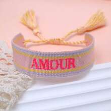 1条手工刺绣法式“AMOUR”创意编织复古风格手链，适合情侣佩戴，节日礼物，祝福绳 - 彩色 - 查看 2