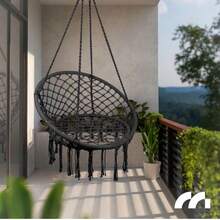 Boho Macrame Hanging Hammock Chair with Fringe – Black White Grey Rope Swing Seat, Heavy Duty Capacity, Indoor Outdoor Hanging Chair for Garden, Patio, Balcony, Bedroom - 彩色 - 查看 9