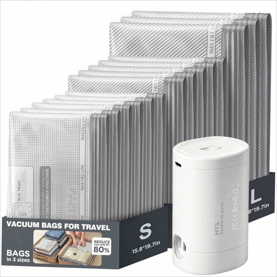 12pcs Vacuum Compression Bags Set With Portable USB Charging Pump,Save 80% Space,Suitable For Clothes, Luggage, Quilts And Blankets, Travel Necessities&Good Choice For Home Furnishings - họa tiết ca rô - Xem 1