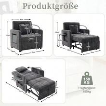 Two-In-One Sleeper Chair, Single Sleeper Sofa, Chenille Armchair (With Cushions And Side Pockets), With A Small Table On One Side And A Storage Bag On The Other, Complete - Dark Grey - View 2