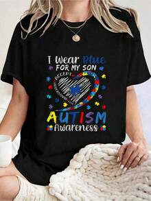 Autism Awareness I Wear Blue My Son Family Matching Mom Dad T-Shirt Graphic Tees Women Crew Neck Short Sleeve Casual T-Shirt - 黑色 - 查看 1