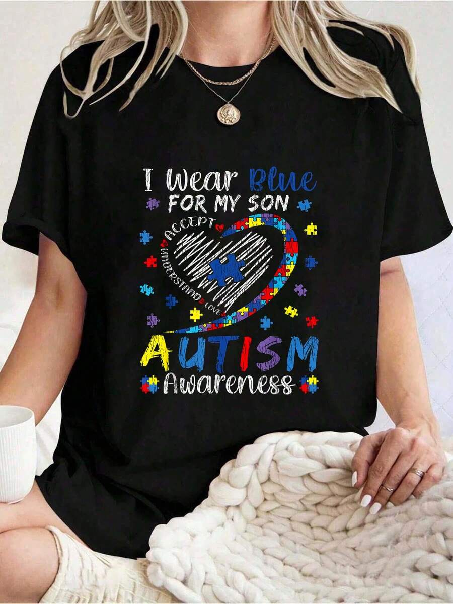 Autism Awareness I Wear Blue My Son Family Matching Mom Dad T-Shirt Graphic Tees Women Crew Neck Short Sleeve Casual T-Shirt - 黑色 - 查看 1