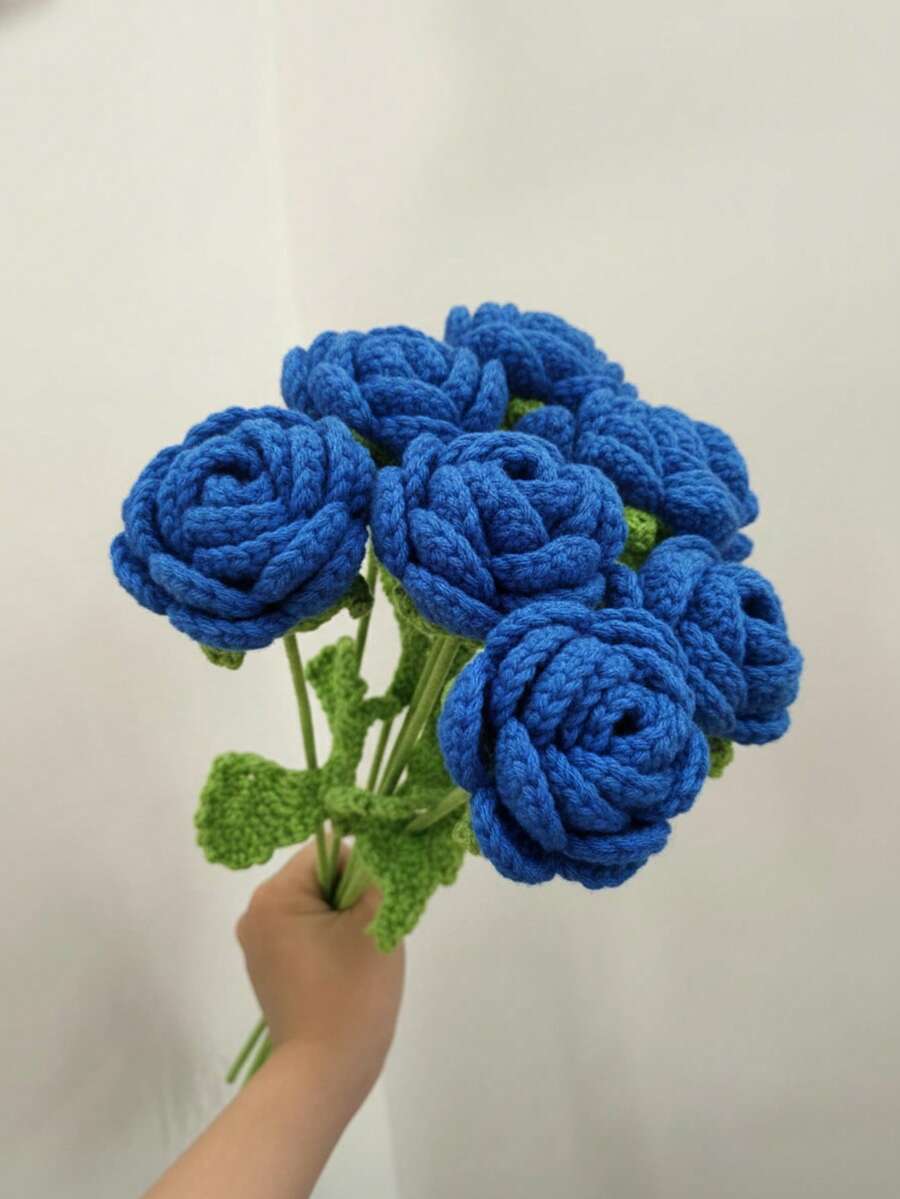 1/3/5朵手工钩织逼真玫瑰花，浪漫唯美纱线玫瑰花束，适合家居装饰、卧室、客厅、周年纪念礼物 - 寶藍色 - 查看 1