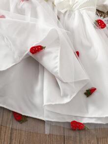 1pc Girls Casual Solid Color Soft Comfortable Knitted Ribbed Fabric Patchwork Strawberry Pattern Mesh Short Sleeve Dress, Suitable For Outdoor Wear, Spring/Summer - White - View 6