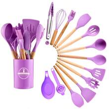 12 件套硅胶厨房用具套装，带木柄和储物锅，不粘烹饪工具套装包括锅铲、漏勺、汤勺、刷子、夹子、打蛋器 - 彩色 - 查看 22