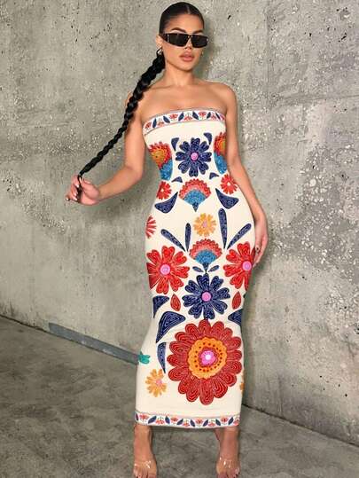 女士时尚休闲印花无肩带长连衣裙，梭织面料无袖抹胸连体裤，黑白叶子图案，春夏款