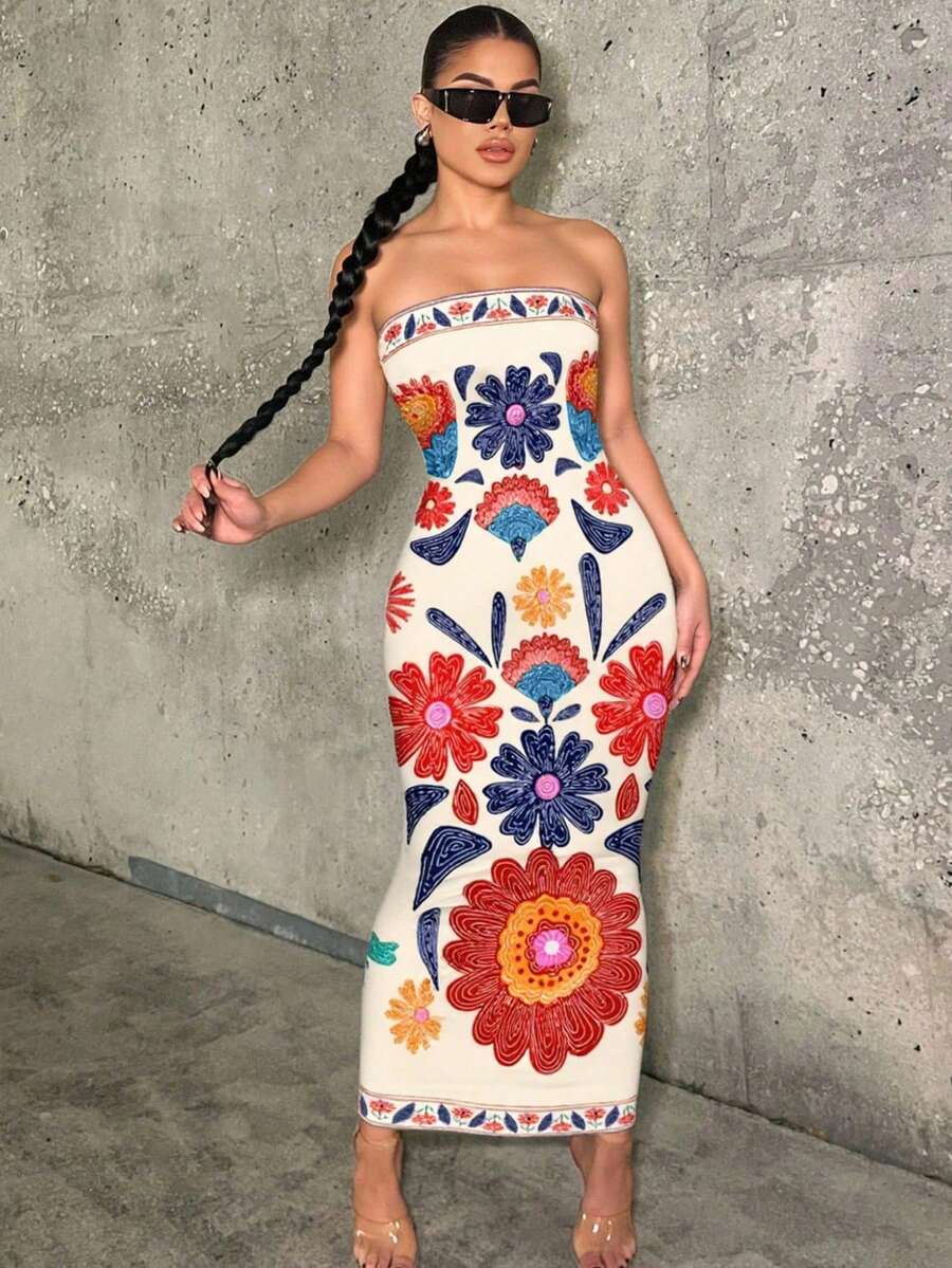 女士时尚休闲印花无肩带长连衣裙，梭织面料无袖抹胸连体裤，黑白叶子图案，春夏款 - 彩色 - 查看 1