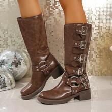 Women'S  Up Knee High Boots Motorcycle Riding Flat Low Heels Strappy Winter Boots - 棕色 - 查看 3
