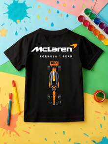 F1 Racing Themed Children's Short Sleeved T-Shirt With Double-Sided Racing Pattern Print Design At The Front And Back, Boys' Round Neck Top, Skin Friendly, Comfortable, Durable And Wear-Resistant Outdoor Top - 黑色 - 查看 2