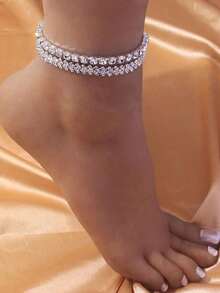 Diamond Shaped Rhinestone Anklet, Gold Color - 銀色 - 查看 2