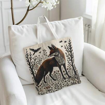 1pc Double-Sided Printed Design Canvas Tote Bag - Fashionable Shoulder Handbag, Nature-Inspired Design, Suitable For Travel, Daily Shopping And Everyday Use, Polyester Material, Rectangular Shape