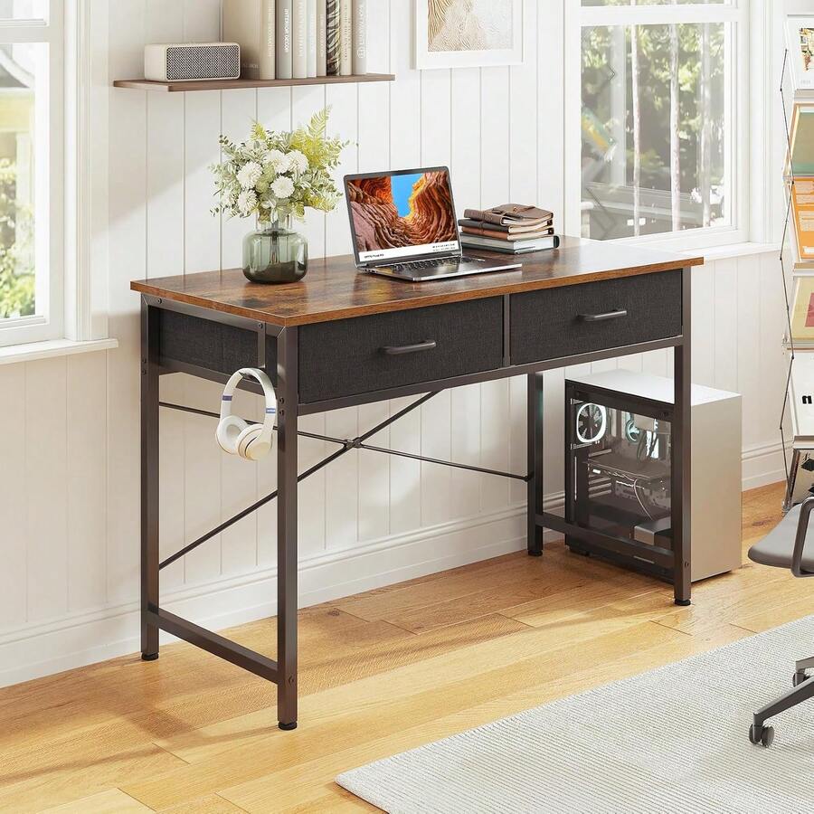 40 Inch Small Office Computer Desk With 2 Drawers & Headphone Hook - Compact Writing Desk For Home Office, Study Or Work, Modern Space-Saving Design For Small Spaces, Pure Vintage - A - View 1