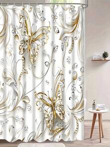 1件/4件套优雅蝴蝶图案浴帘套装，含12个挂钩，防水涤纶面料，可水洗浴垫，防滑地毯，时尚浴室配件，仅限干洗 - A - 查看 13