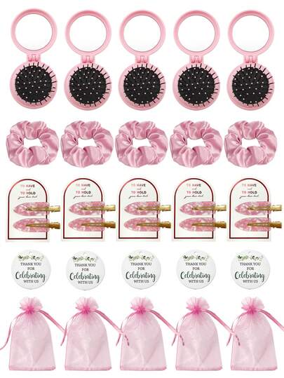 Wedding Favor Gift Set: Gold Seamless Hair Clips, Mini Air Cushion Round Mirror Comb, Styling Tools Kit, Includes Thank You Card And Drawstring Bag. Suitable For Bridesmaids, Ladies' Bridal Shower, Bachelorette Party, Birthday, Back To School, Valentine's Day, Mother's Day