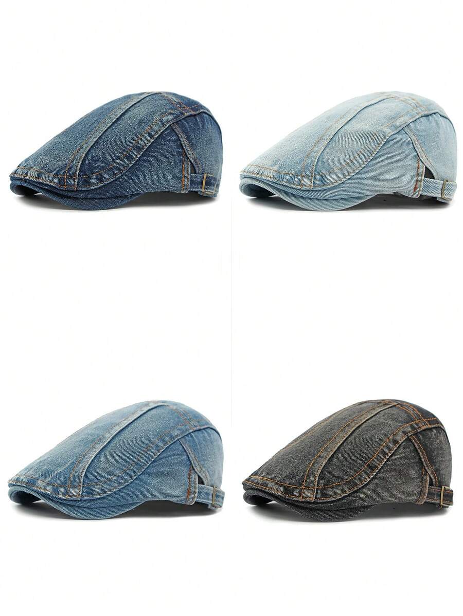 Șapcă Newsboy, Denim uzat (Variațiile de culoare și cusăturile sunt aleatorii din cauza procesului de spălare), Vară, Plajă, Sărbători, Festivaluri, Călătorii - Cowboy cu opt personaje - Vizualizare 1