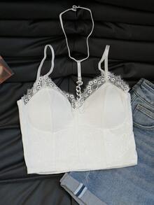 White Lace Camisole, Sexy Backless Undershirt For Women, Metal Chain Spaghetti Strap Fishbone Top - White - View 6