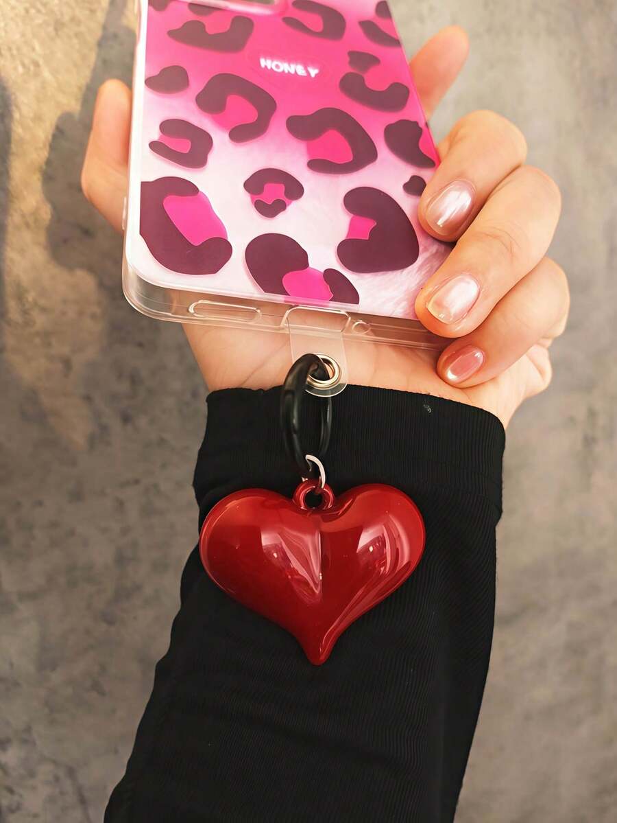 舒适贴合心形元素红色3D心形串珠手机挂绳吊坠，带系绳垫，时尚手机装饰挂绳，适合钥匙，生日、圣诞节、新年、周年纪念日、复活节、春季礼物、派对 - 愛心無掛繩 - 查看 1