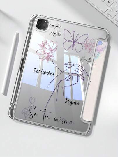 这款精致可爱的卡通花卉蝴蝶结字母双面亚克力水晶透明后盖，防震耐用，适用于iPad第7代、第8代（10.2英寸）和第10代。它内置笔槽，支持睡眠/唤醒功能和多种折叠支架模式，是绝佳的节日礼物。