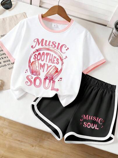 1 Set Graphic Tee & Shorts Outfit For Tween Girls, Pink Headphone Music Soul Themed Print Short Sleeve T-Shirt And Shorts Set, Comfortable Minimalist Design, Suitable For Spring/Summer