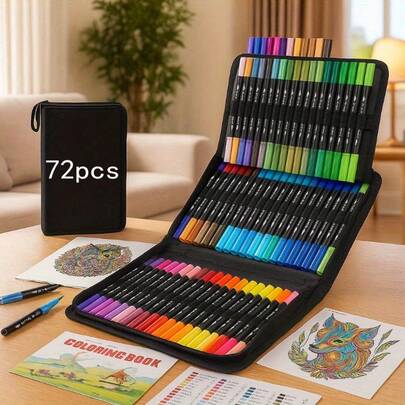 Set de 72 colores de rotuladores, set de rotuladores de acuarela, set de pinceles multicolor con rotuladores y resaltadores - Adecuado para pintura, diseño, oficina, fiestas, actividades escolares, regalos de viaje, Pascua, Día de la Madre, Navidad, Halloween, suministros de arte esenciales, dibujo creativo, rotuladores multiusos, colores vibrantes, herramientas de boceto, kit de dibujo