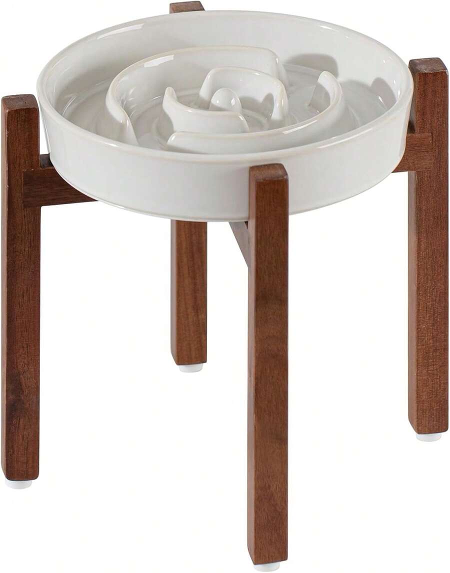Ceramic Raised Slow Feeder Dog Bowl Set With Acacia Wood Stand - 1 x 白色 + 支架 - A - 查看 1