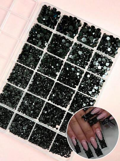 1 Box zufällig gemischte ABS Punk-Stil Nail Art Dekorationen, schwarze Strass, dunkelstil schwarze runde Strass, geeignet für Kleidung, Halloween Party, Nail Art DIY Zubehör, Nail Art Zubehör Nägel