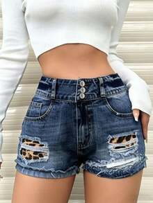 Women's Jeans With A Hole In The Waist And Leopard Print Stitching Denim Shorts Casual Joker Street Spice Girls Slim Hot Pants. - 淺色水洗藍 - 查看 1