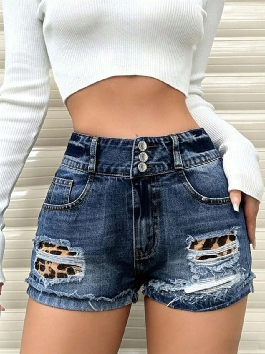 Women's Jeans With A Hole In The Waist And Leopard Print Stitching Denim Shorts Casual Joker Street Spice Girls Slim Hot Pants. - 淺色水洗藍 - 查看 1