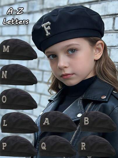 1pc Toddler Girls' Black Pearl Letter Beret Hat - Elegant Vintage Artist Cap, Versatile For Daily Wear
