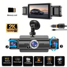 3-Channel Dashcam With Night Vision, 1440P Front Camera + 720P Left/Right Cameras, LED Display, Physical Buttons, Parking Monitoring, Loop Recording. Optional Memory Card For The Car Recorder. - 3 Lenses Plus Memory Card - View 5