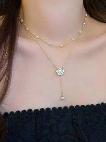 1pc Gold Double Layer Camellia Faux Pearl Necklace, Elegant Camellia Faux Pearl Tassel Choker Necklace, Stylish Bridal Wedding Necklace, Suitable For Wedding, Date, Party, Birthday, Women  Gift Valentine's Day Valentines2026 - Gold - 查看 3