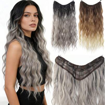 Tóc giả nửa đầu dài, gợn sóng nước, hình chữ U, chất liệu tổng hợp, 5 kẹp, kiểu ombre nâu sang vàng bạc xám, tóc nối tự nhiên dành cho nữ.
