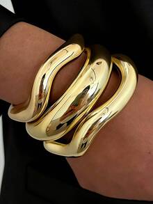 3 Peças Conjunto de Pulseiras Bangle Abertas em Formato de Onda Estilo Moeda Vintage Elegante Boêmio em CCB Dourado, Adequado para Uso Diário, Festa, Casamento, Feriado, Empilhável - Dourado - Visão 1