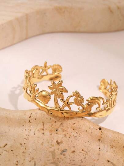 1pc Bohemian Style Anti-Fading Ocean Life Series Starfish, Shell, Conch, Dolphin, Coral Shaped Stainless Steel Open Bangle, Suitable For Beach Vacation And Travel