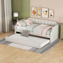 Daybed 90 X 200 (190) Cm, Single Upholstered Daybed With Pull-Out Bed, Beige - White - View 9